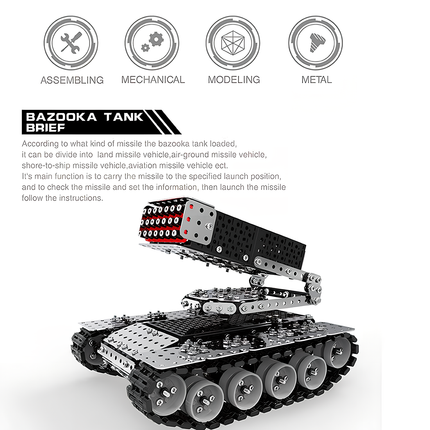 A powerful metal model of a bazooka tank with a loaded missile launcher, accompanied by icons for ASSEMBING, MECHANICAL, MODELING, and METAL. This DIY 3D puzzle is a standout in our Metal Kits collection, offering an exciting and funny table centerpiece. It represents a versatile metal model capable of various missile applications