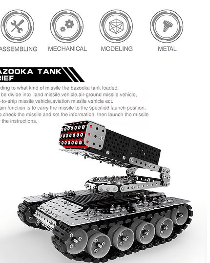 A powerful metal model of a bazooka tank with a loaded missile launcher, accompanied by icons for ASSEMBING, MECHANICAL, MODELING, and METAL. This DIY 3D puzzle is a standout in our Metal Kits collection, offering an exciting and funny table centerpiece. It represents a versatile metal model capable of various missile applications