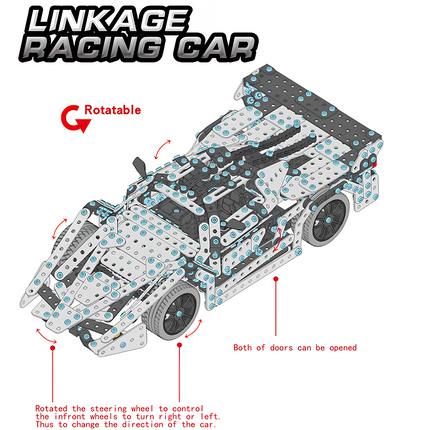 Diagram of a linkage racing car metal model showing rotatable steering and opening doors — a mechanical DIY 3D puzzle Metal Kit from tablefunny, perfect for funny table display or STEM learning