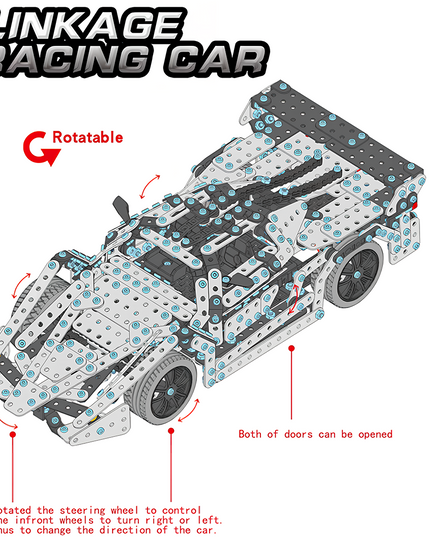 Diagram of a linkage racing car metal model showing rotatable steering and opening doors — a mechanical DIY 3D puzzle Metal Kit from tablefunny, perfect for funny table display or STEM learning