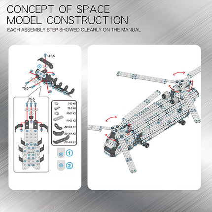 Mechanical helicopter metal model assembly guide with rotatable propellers and labeled parts, built from tablefunny DIY 3D puzzle Metal Kits — perfect for mechanical art and funny table displays