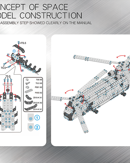 Mechanical helicopter metal model assembly guide with rotatable propellers and labeled parts, built from tablefunny DIY 3D puzzle Metal Kits — perfect for mechanical art and funny table displays