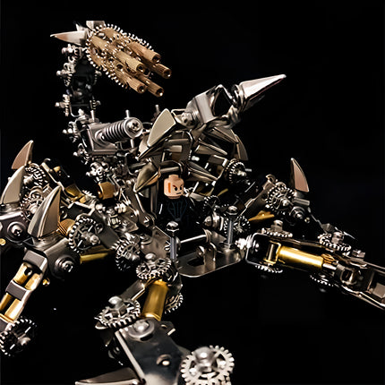 Detailed close-up shot of an assembled steampunk puzzle metal model of a mechanical insect scorpion with a small driver.