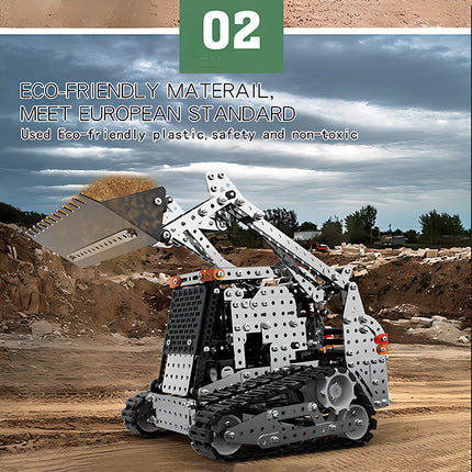 An eco-friendly material skid-steer loader metal model meeting European standards with safety and non-toxic features, built from 3D puzzle Metal Kits as an awesome steampunk puzzle steam punk mech.