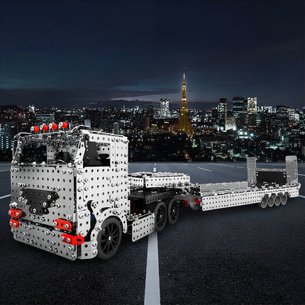 An electric semi-trailer tractor metal model on a city night road, built from 3D puzzle Metal Kits as a cool steampunk puzzle steam punk mech truck.