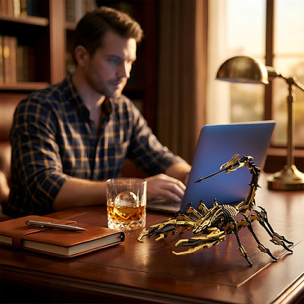 Completed 3D puzzle Metal Kits scorpion on a luxury desk, an exquisite metal model masterpiece for adult hobbyists and collectors.