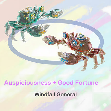 Two colorful steampunk crab mech 3D puzzle metal kits, one teal and one red, representing 'Auspiciousness + Good Fortune', a unique mechanical steampunk metal model set for collectors or gift-giving.