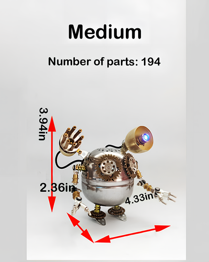This Medium Mechanical Robot 3D puzzle Metal Kit has 194 parts and measures 4.33in×2.36in×3.94in. It features a steampunk design with metal gears, a stainless-steel body, and a glowing blue light. The assembly is challenging, and the finished product, with its intricate mechanical details and luminous effect, serves as a unique focal point for your funny table, ideal for steampunk lovers and puzzle enthusiasts, adding a touch of industrial-mechanical charm to your space.