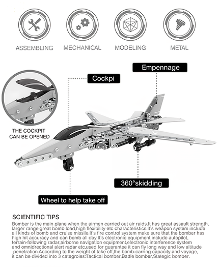 Instruction diagram of a bomber aircraft metal model showing openable cockpit, rotatable landing wheels, and detailed tail structure. A creative DIY 3D puzzle Metal Kit from tablefunny for funny table display