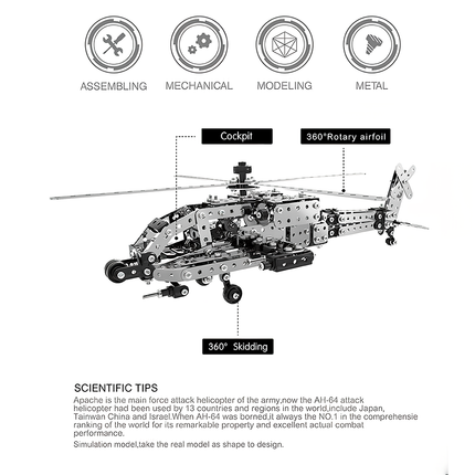 Apache attack helicopter metal model, highlighting assembling, mechanical, modeling, and metal features. This DIY 3D puzzle from our Metal Kits offers a realistic and "funny table" building experience for a challenging "table funny" metal model. Includes scientific tips on the AH-64.