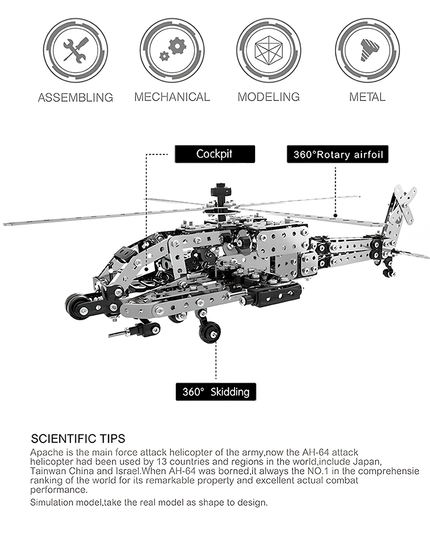 Apache attack helicopter metal model, highlighting assembling, mechanical, modeling, and metal features. This DIY 3D puzzle from our Metal Kits offers a realistic and "funny table" building experience for a challenging "table funny" metal model. Includes scientific tips on the AH-64.