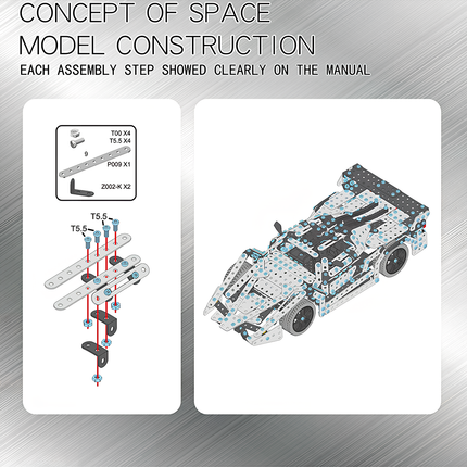 Concept of space model construction with clear assembly steps for a metal race car. This DIY 3D puzzle showcases the detailed instructions included in our Metal Kits, offering a rewarding "funny table" building experience for any metal model enthusiast