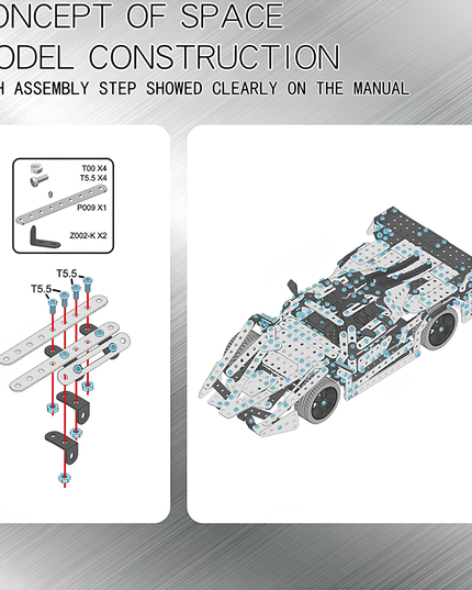 Concept of space model construction with clear assembly steps for a metal race car. This DIY 3D puzzle showcases the detailed instructions included in our Metal Kits, offering a rewarding "funny table" building experience for any metal model enthusiast