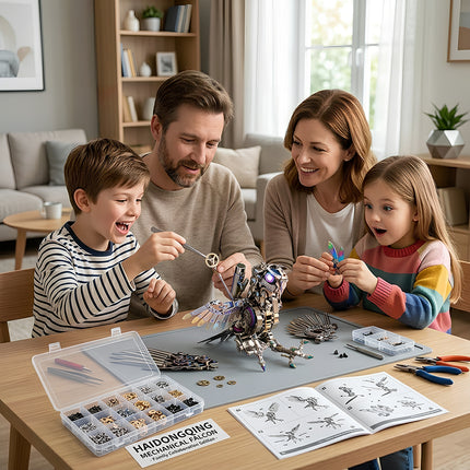 A happy family building a mechanical falcon metal model together, an engaging DIY STEM project and 3D puzzle for all ages from Funny Table metal kits.