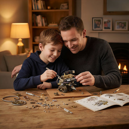 Father and son sitting together at a wooden table happily assembling a 3D metal mechanical tank model kit.