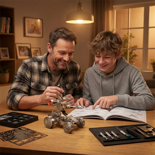 A father and son happily assembling a mechanical steampunk 3D puzzle metal kits model together on a cozy desk.
