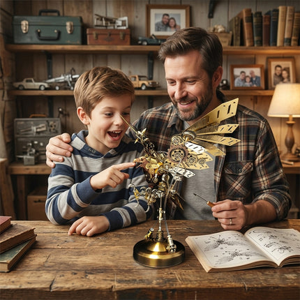 A father and son bonding over a DIY gold eagle metal model, an educational 3D puzzle and funny table centerpiece from metal kits.
