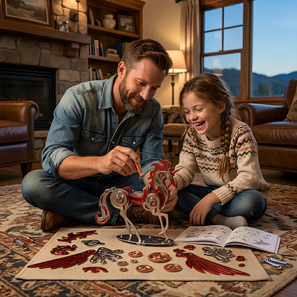  A joyful father and daughter sit on the living room floor, happily assembling a vibrant red and silver steampunk unicorn metal model, a fun 3D puzzle from metal kits, surrounded by parts and an instruction manual, enjoying a bonding activity with this mechanical steampunk creation.