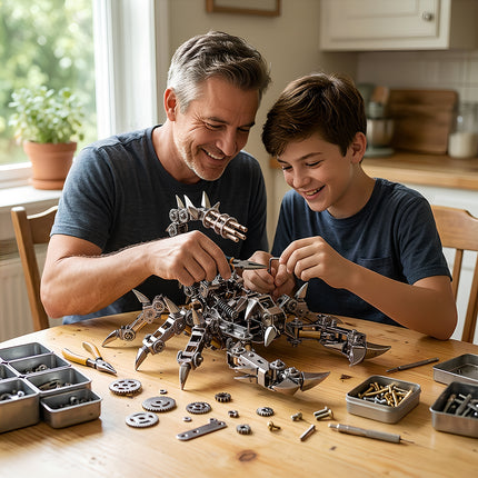 Learning engineering through a mechanical steampunk scorpion kit, a high-quality metal model for educational DIY fun at home.