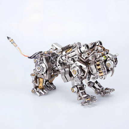 Highly detailed metal model saber-toothed tiger, a complex mechanical steampunk creature perfect as a 3D puzzle or desk ornament. This steam punk mech is crafted from various metal components.