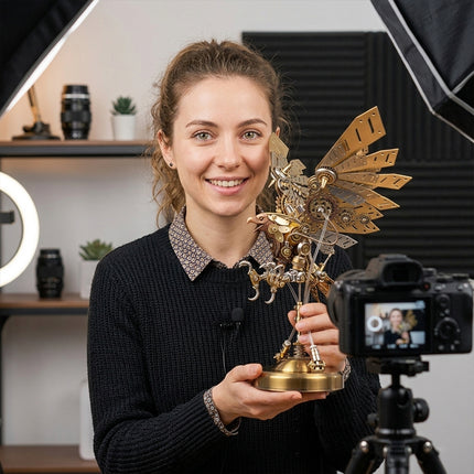 A female content creator filming a video review of an eagle metal model, highlighting the intricate DIY 3D puzzle details from Funny Table metal kits.