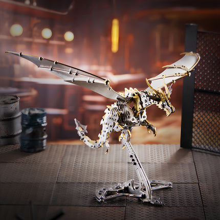 Completed 3D puzzle Metal Kits winged dragon, high-quality metal model with intricate mechanical details and metallic shine.