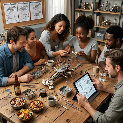 A group of friends happily collaborating to build a steampunk lobster metal model, a complex 3D puzzle, gathered around a wooden table with parts, tools, instruction manuals (both physical and on a tablet), snacks, and drinks, enjoying the challenge of metal kits.