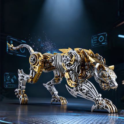 Futuristic sci-fi mechanical leopard metal model with digital HUD displays, a high-tech 3D puzzle from Funny Table created from premium DIY metal kits.