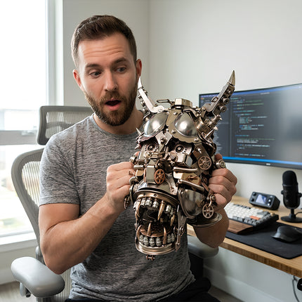  Intricate mechanical oni-mask metal model displayed in a home office, adding a creative funny table aesthetic. A challenging 3D puzzle built with professional metal kits.