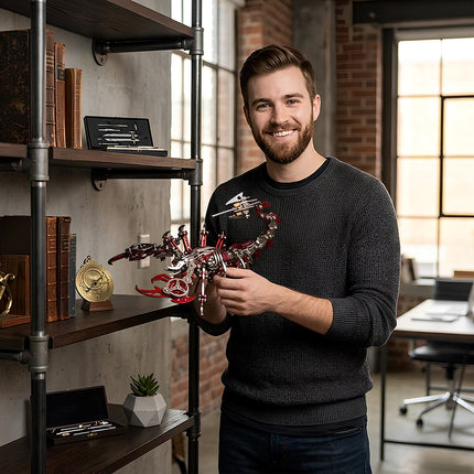 Large red and silver steampunk puzzle scorpion assembly, a highly detailed mechanical steampunk metal model from the TableFunny collection.