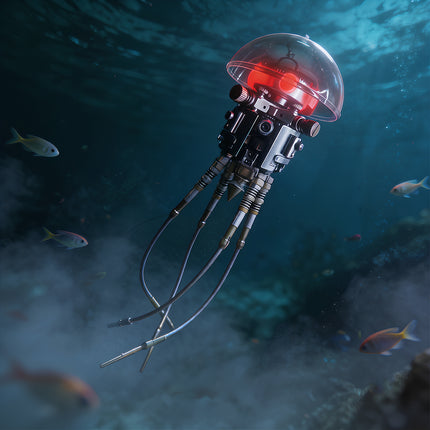 Sci-fi concept art of an assembled 3D metal mechanical jellyfish with glowing red LED lights floating in a deep underwater ocean environment with fish.
