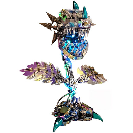 Challenging 3D puzzle Metal Kits featuring a glowing robotic snapping plant, an exquisite DIY metal model project for advanced builders.