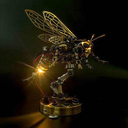 Glowing steam punk mech wasp statue in a dark sci-fi setting, premium steampunk puzzle metal model.
