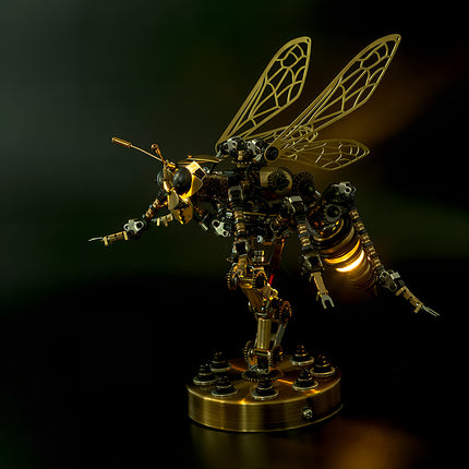 Side view of a steam punk mech wasp statue with glowing abdomen, premium steampunk puzzle metal model.
