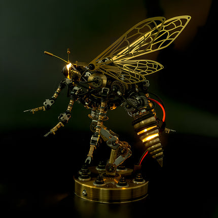Glowing steam punk mech wasp model with light-up abdomen, premium steampunk puzzle metal model.