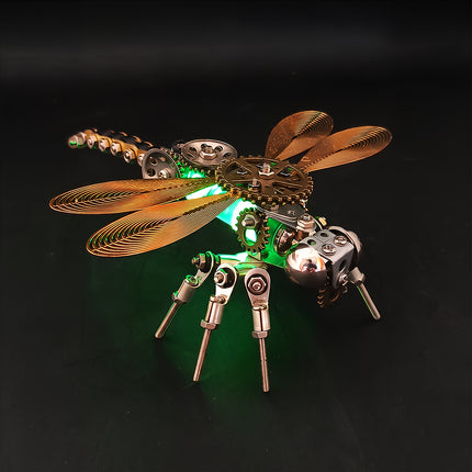 The mechanical steampunk dragonfly glowing vividly against a dark backdrop, showing off its intricate gear design. This unique steam punk mech stands out as an exquisite metal model and steampunk puzzle masterpiece built from high-grade 3D puzzle Metal Kits.