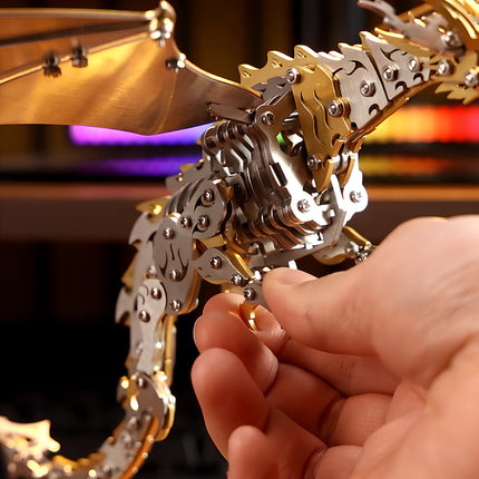 Handcrafted steam punk mech dragon with movable joints, a unique metal model masterpiece for desk decoration.