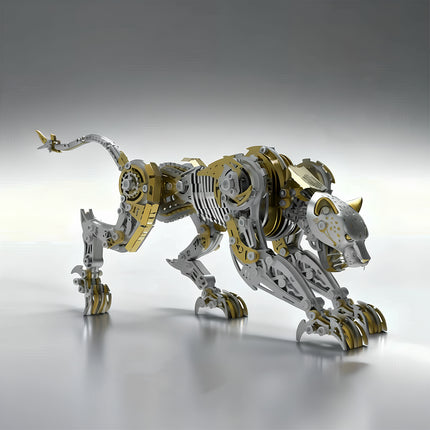 Golden and silver robotic leopard metal model showcasing intricate details, a challenging 3D puzzle and DIY metal kit by Funny Table.
