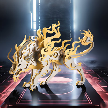 An assembled gold and silver Candle Dragon mechanical steampunk 3D puzzle standing in a futuristic sci-fi corridor.