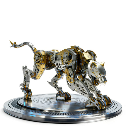 A detailed gold and silver mechanical leopard metal model standing on a metallic base, an exquisite 3D puzzle and DIY metal kit by Funny Table.