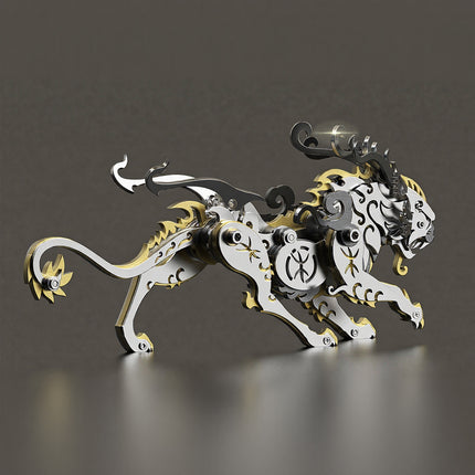 A side view of the gold and silver mechanical steampunk mech in a prowling pose by TableFunny, built from a 3D puzzle metal kit.