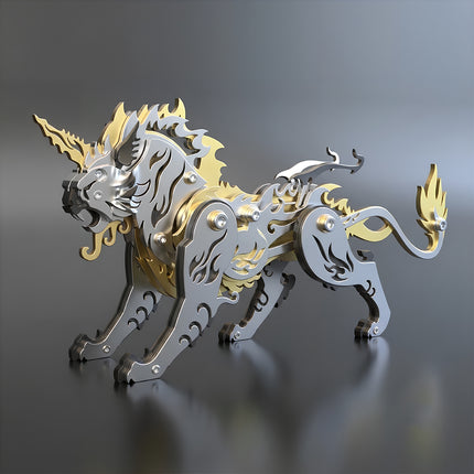 Full body three-quarter view of the gold and silver 3D metal puzzle kits Tianwu mythical beast, displaying the detailed mechanical joints and metallic plates.