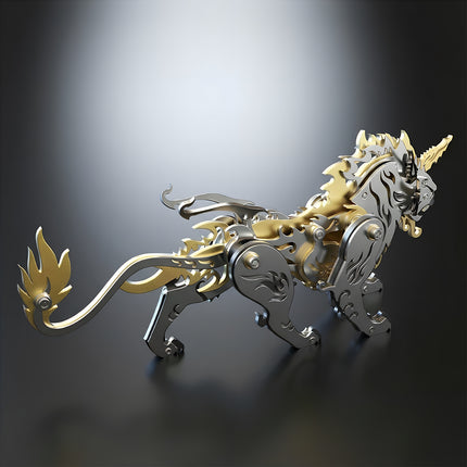 High-angle rear-three-quarter view of the gold and silver mechanical beast diy kit Tianwu, highlighting the intricate metallic tail, curved spine, and hind leg armor plates.