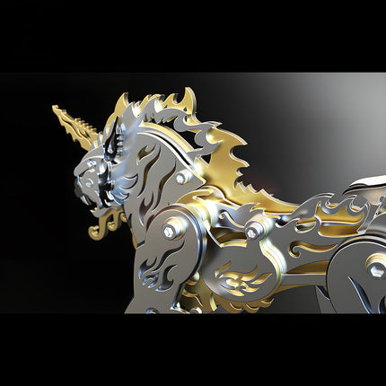 Side profile close-up of the gold and silver mechanical beast puzzle Tianwu, showcasing the metallic joints, screws, and layered flame armor plates.