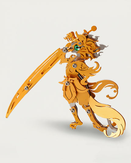 Table Funny DIY 3D puzzle Metal Kits: Golden mythological warrior metal model, holding a large engraved sword, featuring intricate layers and a green eye gem. Great piece for desktop display