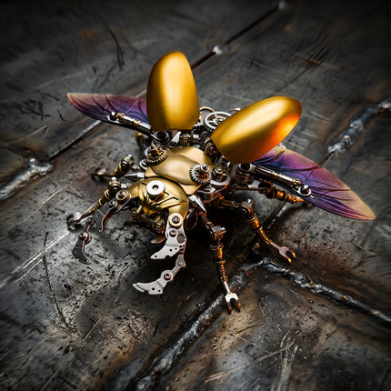 Challenging DIY steampunk puzzle of a robotic insect on an industrial background, a high-quality metal model from TableFunny.