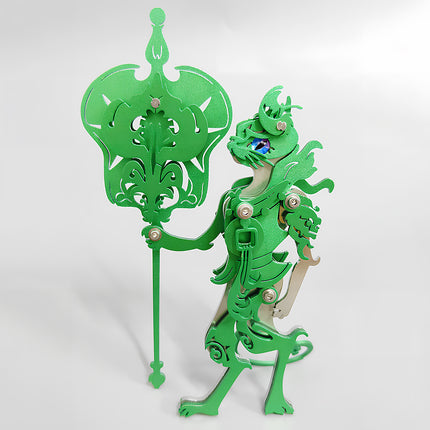 Three-quarter view of green warrior steam punk mech metal model holding polearm