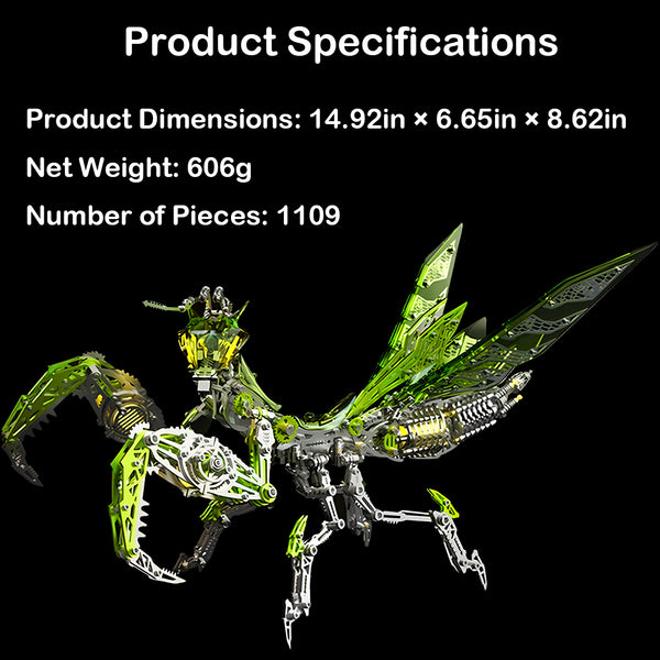 Product specifications infographic for the Green Mantis **metal model kit**, listing 1109 pieces, weight, and dimensions.