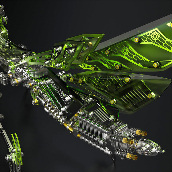 Rear detail shot of a green **3D metal puzzle** mantis, showcasing translucent wing patterns and a detailed mechanical abdomen.