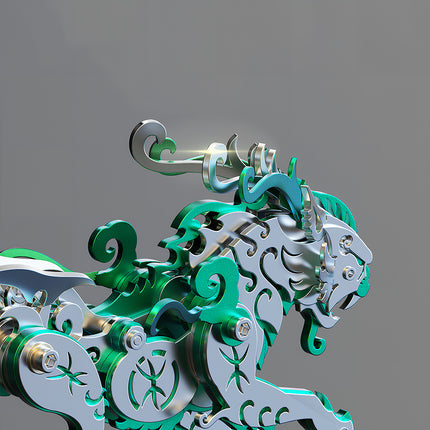 Close-up detail of the green steam punk mech mythical beast's head, highlighting the intricate mechanical steampunk craftsmanship of this 3D puzzle metal kit.